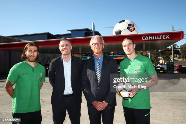 Jackson Irvine of the Socceroos, Caltex Retail Executive General Manager Richard Pearson, FFA CEO David Gallop and Josh Brillante of the Socceroos...