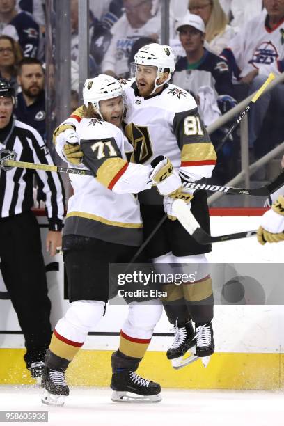 Jonathan Marchessault of the Vegas Golden Knights is congratulated by his teammate William Karlsson after scoring a third period goal against the...