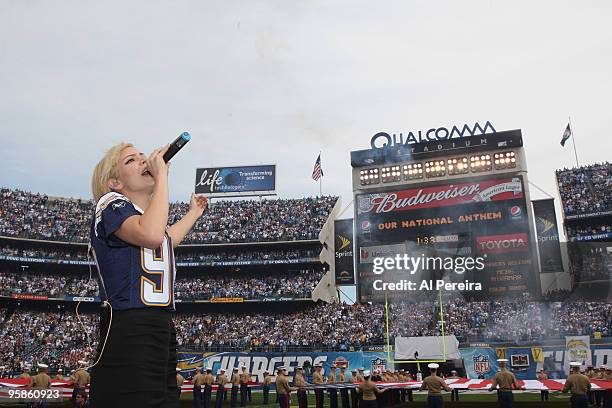 Singer Katharine McPhee sings the National Anthem prior to the start of the AFC Divisional Playoff game between the New York Jets and San Diego...