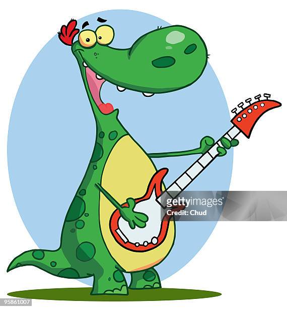 happy dinosaur plays guitar - 動物像点のイラスト素材／クリップアート素材／マンガ素材／アイコン素材
