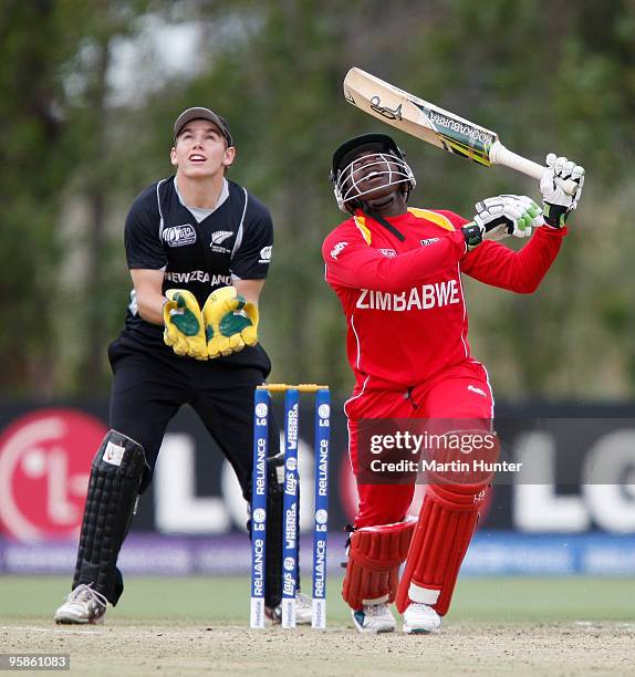 Gary Chirimuuta of Zimbabwe bats during the ICC U19 Cricket World Cup match between New Zealand and Zimbabwe at Bert Sutcliffe Oval on January 19,...