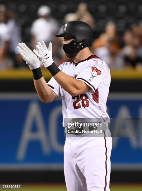 Steven Souza Jr of the Arizona Diamondbacks reacts after hitting an RBI double during the fourth inning against the Milwaukee Brewers at Chase Field...