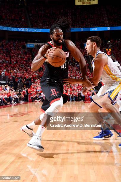 Nene Hilario of the Houston Rockets handles the ball against the Golden State Warriors during Game One of the Western Conference Finals of the 2018...