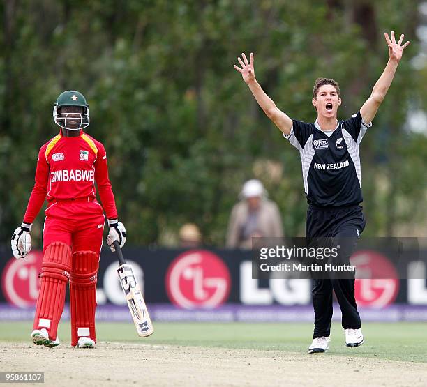 Ben Wheeler of New Zealand appeals for the wicket of Dean Mazhawidza of Zimbabwe during the ICC U19 Cricket World Cup match between New Zealand and...