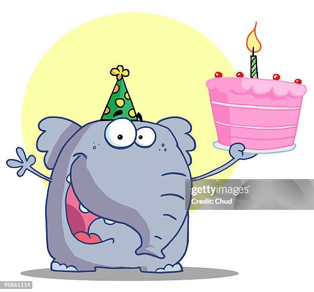 happy elephant holds birthday cake - birthday cartoon stock-grafiken, -clipart, -cartoons und -symbole