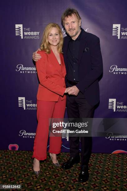 Laura Linney and Liam Nesson pose backstage at The 22nd Annual Webby Awards at Cipriani Wall Street on May 14, 2018 in New York City.