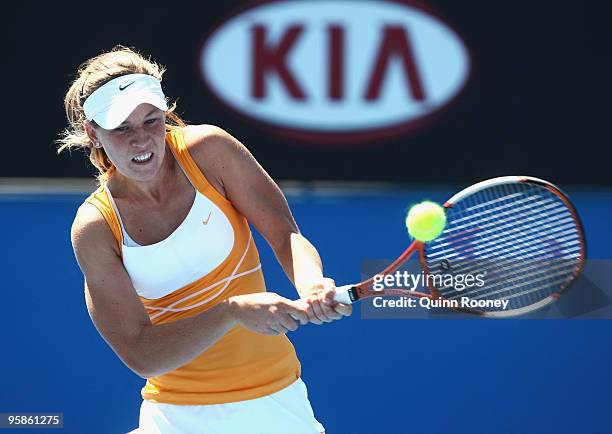 Olivia Rogowska of Australia plays a backhand in her first round match against Sorana Cirstea of Romania during day two of the 2010 Australian Open...