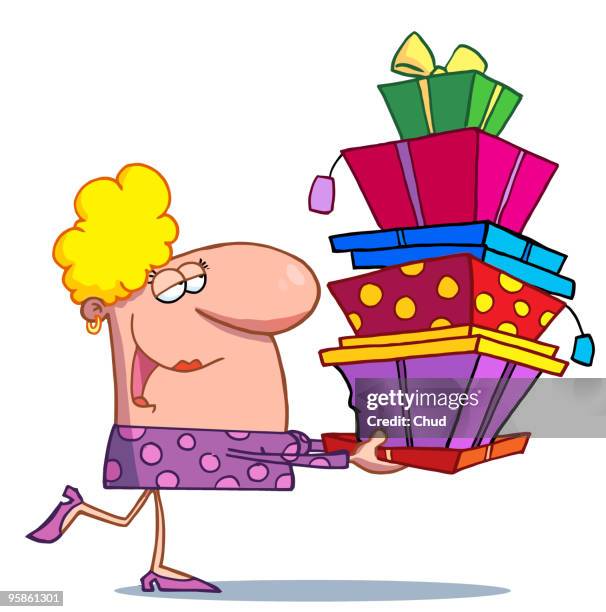 happy holidays blond lady shopper - holding parcel stock illustrations