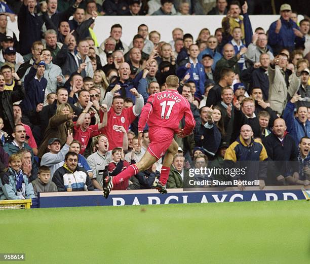 Steven Gerrard of Liverpool celebrates scoring his goal with fans during the FA Barclaycard Premiership match against Everton played at Goodison...