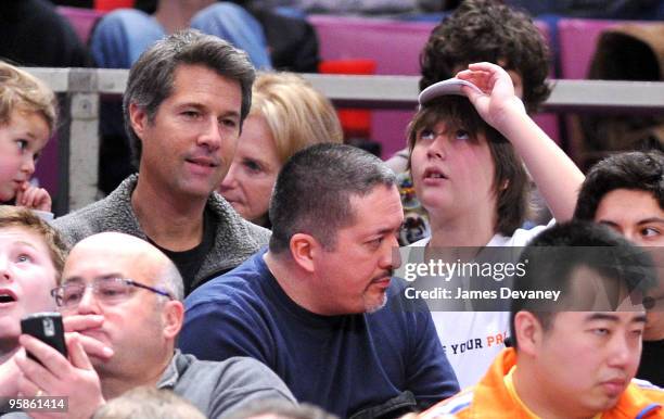 David Goldman and his son Sean Goldman attend the Detroit Pistons vs New York Knicks game at Madison Square Garden on January 18, 2010 in New York...
