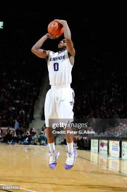 Guard Jacob Pullen of the Kansas State Wildcats puts up a shot against the Texas Longhorns in the second half on January 18, 2010 at Bramlage...