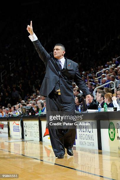 Head coach Frank Martin of the Kansas State Wildcats sends in a play during a game against the Texas Longhorns on January 18, 2010 at Bramlage...
