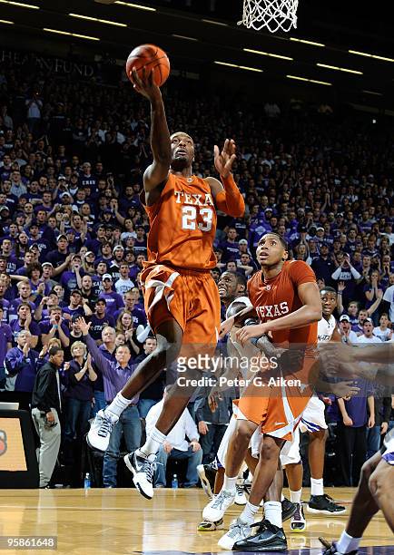 Guard Jordan Hamilton of the Texas Longhorns drives to the basket during a game against the Kansas State Wildcats on January 18, 2010 at Bramlage...