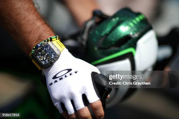 Detail view of the Richard Mille RM011 Flyback Chronograph watch worn by Mark Cavendish of Great Britain and Team Dimension Data at the start of...