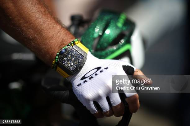Detail view of the Richard Mille RM011 Flyback Chronograph watch worn by Mark Cavendish of Great Britain and Team Dimension Data at the start of...
