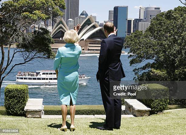 Prince William and Australia's Governor General, Her Excellency Ms. Quentin Bryce wave to passengers aboard a vessel on Sydney Harbour while lunching...