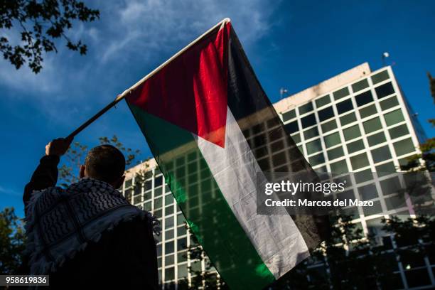 Man waiving a Palestine flag protesting in front of the Embassy of Israel against last deaths in Gaza Strip ahead of the 70th anniversary of Nakba.