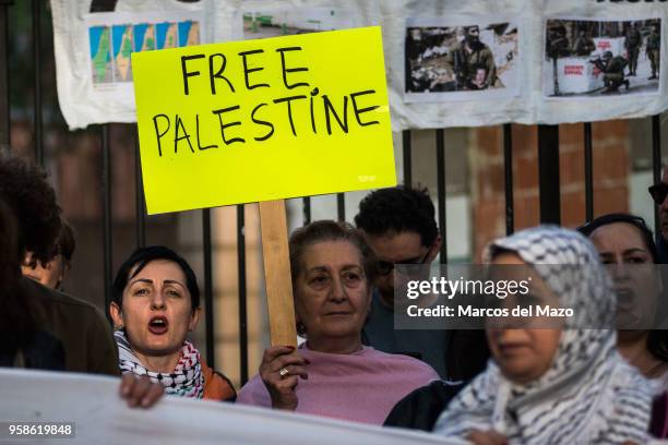 People supporting Palestinians protesting in front of the Embassy of Israel against last deaths in Gaza Strip ahead of the 70th anniversary of Nakba.