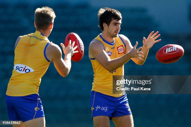 Andrew Gaff works on a handball drill during a West Coast Eagles AFL training session at Subiaco Oval on May 15, 2018 in Perth, Australia.