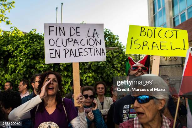 People supporting Palestinians protesting in front of the Embassy of Israel against last deaths in Gaza Strip ahead of the 70th anniversary of Nakba....