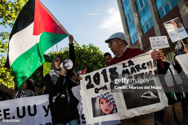 People supporting Palestinians protesting in front of the Embassy of Israel against last deaths in Gaza Strip ahead of the 70th anniversary of Nakba.