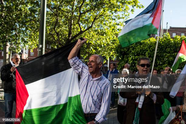 People supporting Palestinians protesting in front of the Embassy of Israel against last deaths in Gaza Strip ahead of the 70th anniversary of Nakba.