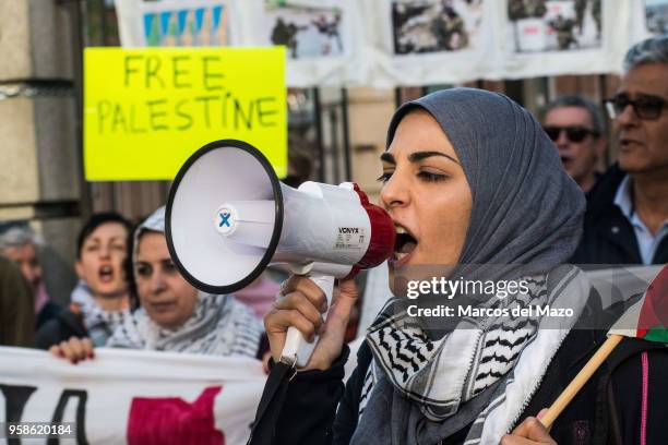 People supporting Palestinians protesting in front of the Embassy of Israel against last deaths in Gaza Strip ahead of the 70th anniversary of Nakba.