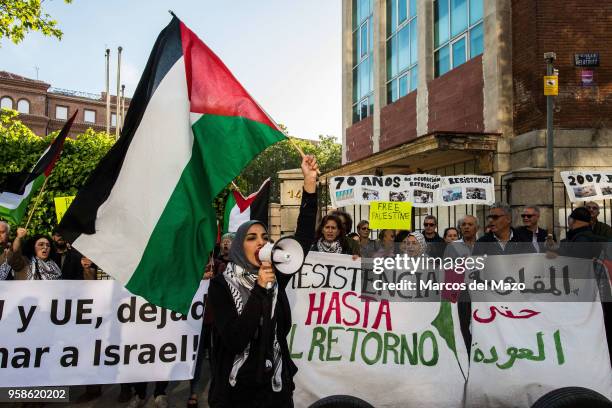 People supporting Palestinians protesting in front of the Embassy of Israel against last deaths in Gaza Strip ahead of the 70th anniversary of Nakba.