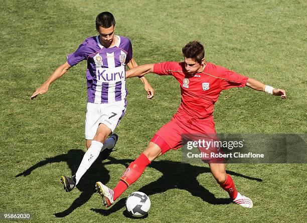 Evan Kostopoulos of United is challenged by Cameron Edwards of the Glory during the round 15 National Youth League match between Adelaide United and...