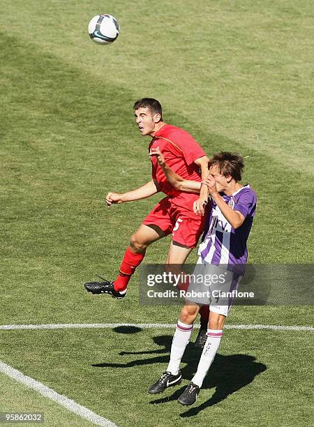 Francesco Monterosso of United is challenged by Samuel Mitchinson of the Glory during the round 15 National Youth League match between Adelaide...