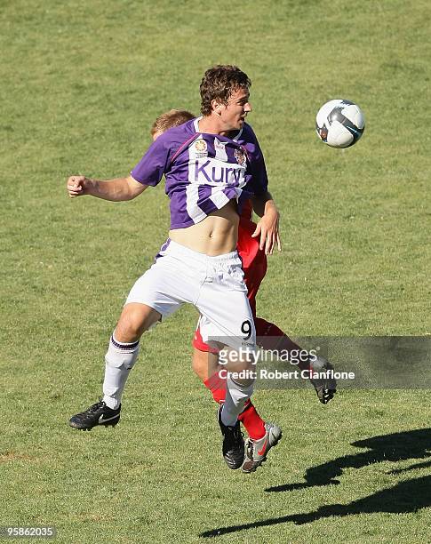 Anthony Skorich of the Glory heads the ball during the round 15 National Youth League match between Adelaide United and Perth Glory at Hindmarsh...