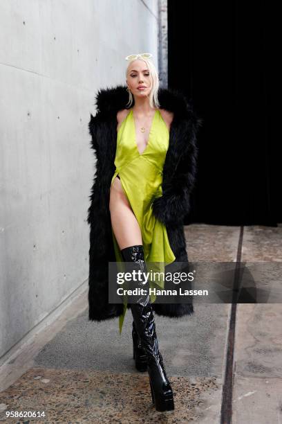 Imogen Anthony wearing Famme Fatale faux fur coat during Mercedes-Benz Fashion Week Resort 19 Collections at Carriageworks on May 15, 2018 in Sydney,...