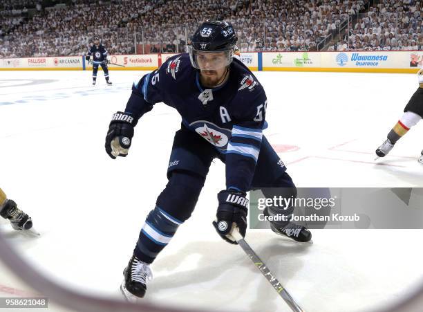 Mark Scheifele of the Winnipeg Jets keeps an eye on the play during third period action against the Vegas Golden Knights in Game Two of the Western...