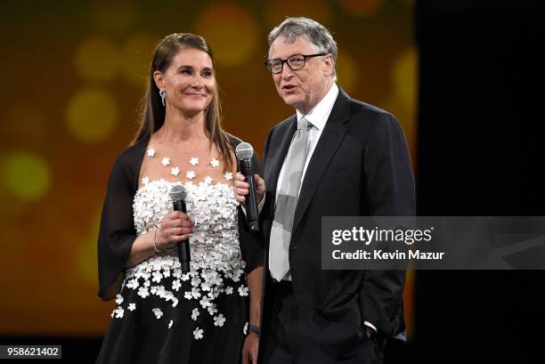 Melinda Gates and Bill Gates speak on stage during The Robin Hood Foundation's 2018 benefit at Jacob Javitz Center on May 14, 2018 in New York City.