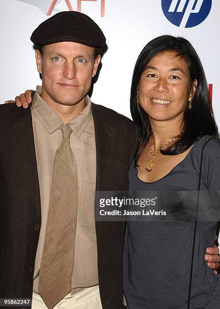 Actor Woody Harrelson and wife Laura Louie attend the AFI Awards 2009 luncheon at Four Seasons Hotel on January 15, 2010 in Beverly Hills, California.