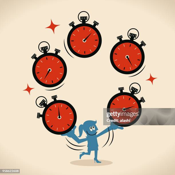 time management, businesswoman juggling with big stopwatches - woman juggling stock illustrations