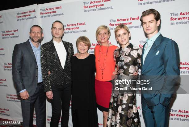 Tim Levy, Jordan Roth, Susan Brown, Marianne Elliot, Denise Gough and Andrew Garfield attend The Actors Fund 2018 Gala at Marriott Marquis Times...