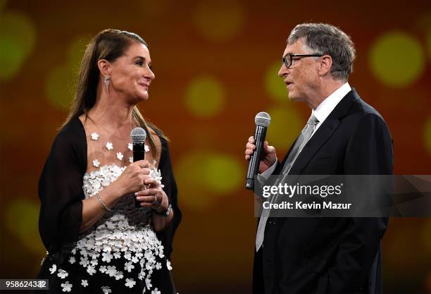 Melinda Gates and Bill Gates speak on stage during The Robin Hood Foundation's 2018 benefit at Jacob Javitz Center on May 14, 2018 in New York City.