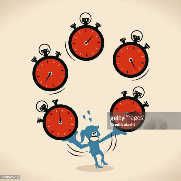 time management, exhausted businesswoman juggling with big stopwatches - woman juggling stock illustrations