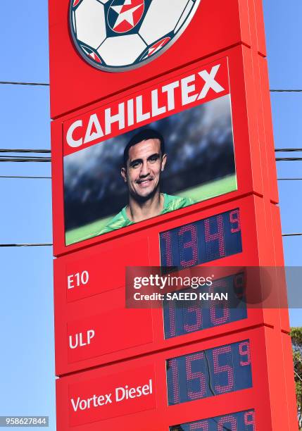 Australia's Socceroos key sponsor Caltex displays veteran Tim Cahill's picture as new advertising campaign at the company's petrol station in Sydney...