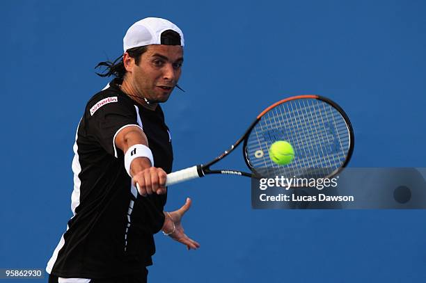 Albert Montanes of Spain plays a backhand in his first round match against Oscar Hernandez of Germany during day two of the 2010 Australian Open at...