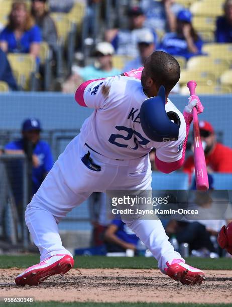 Matt Kemp of the Los Angeles Dodgers backs out of an inside pitch in the ninth inning of the game against the Cincinnati Reds at Dodger Stadium on...