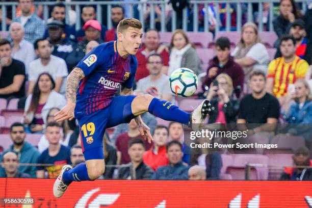 Lucas Digne of FC Barcelona in action during the La Liga 2017-18 match between FC Barcelona and Villarreal CF at Camp Nou on May 09 2018 in...