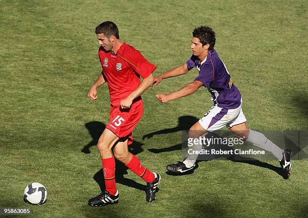 Francesco Monterosso of United is challenged his opponent during the round 15 National Youth League match between Adelaide United and Perth Glory at...