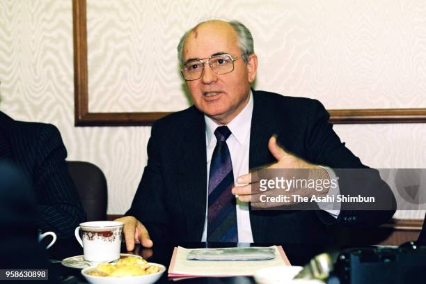 Soviet Union President Mikhail Gorbachev speaks during the Asahi Shimbun interview at Kremlin on December 28, 1990 in Moscow, Soviet Union.