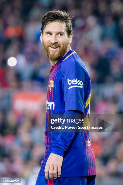 Lionel Andres Messi of FC Barcelona reacts during the La Liga 2017-18 match between FC Barcelona and Villarreal CF at Camp Nou on May 09 2018 in...