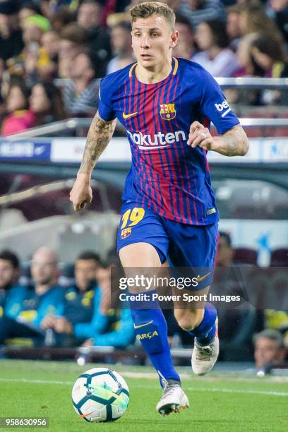 Lucas Digne of FC Barcelona in action during the La Liga 2017-18 match between FC Barcelona and Villarreal CF at Camp Nou on May 09 2018 in...