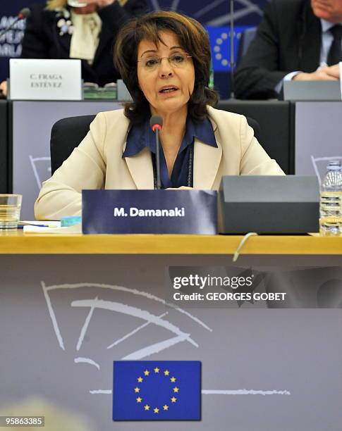 European commissioner-designate for maritime affairs and fisheries Maria Damanaki answers questions during an examination with European deputies at...