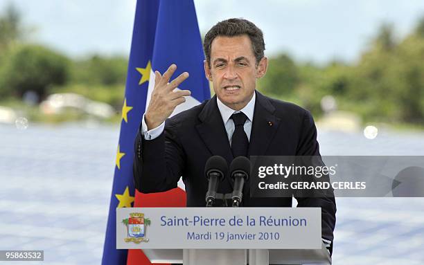 French President Nicolas Sarkozy delivers a speech for the openning of a solar plant in Saint-Pierre de La Reunion island on January 19, 2010 for an...