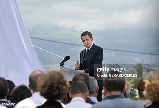 French President Nicolas Sarkozy delivers a speech for the openning of a solar plant in Saint-Pierre de La Reunion island on January 19, 2010 for an...